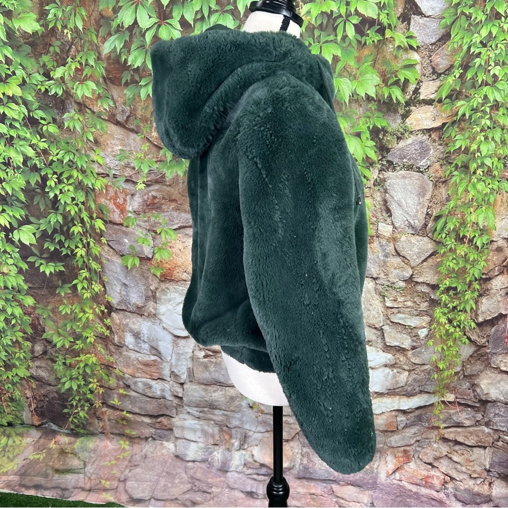 RACHEL ZOE Plush Cozy Green Patterned Teddy Fur Faux Fur Hooded Jacket, XS - Picture 5 of 12